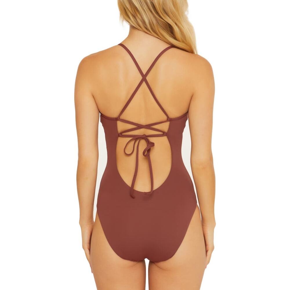 Becca Delilah Brown Plunge Neck Crochet One Piece Swimsuit Size Small - Picture 2 of 11
